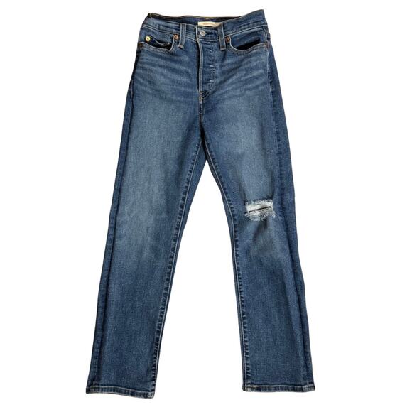 Levi’s Wedgie Straight Jeans in Blue Medium Wash Distressed Stretch Size 25 - Picture 3 of 12